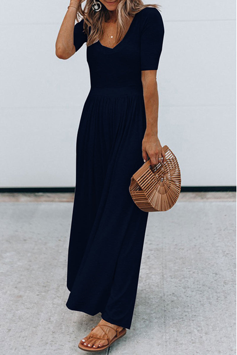 Round Neck Short Sleeve High Waist Long Jumpsuit