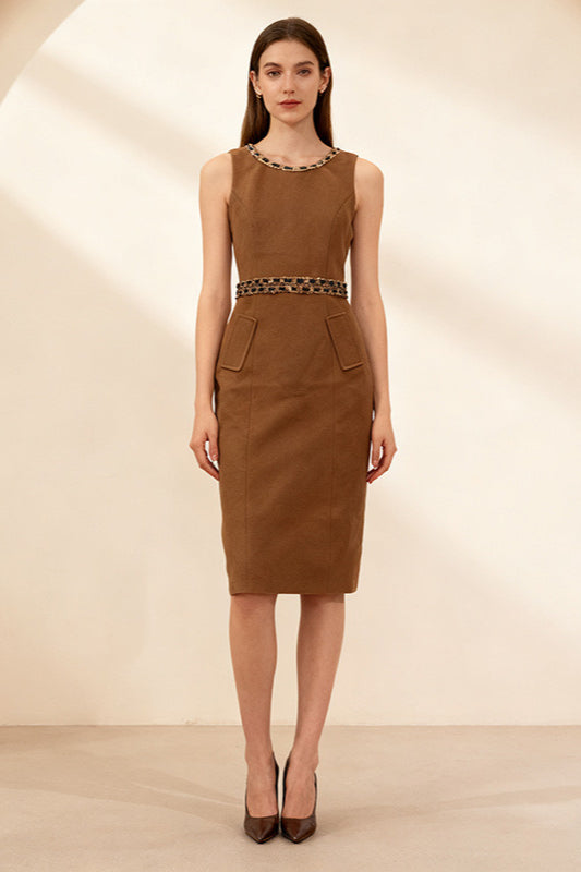 Faux Fur Open-Shoulder Embellished Midi Dress