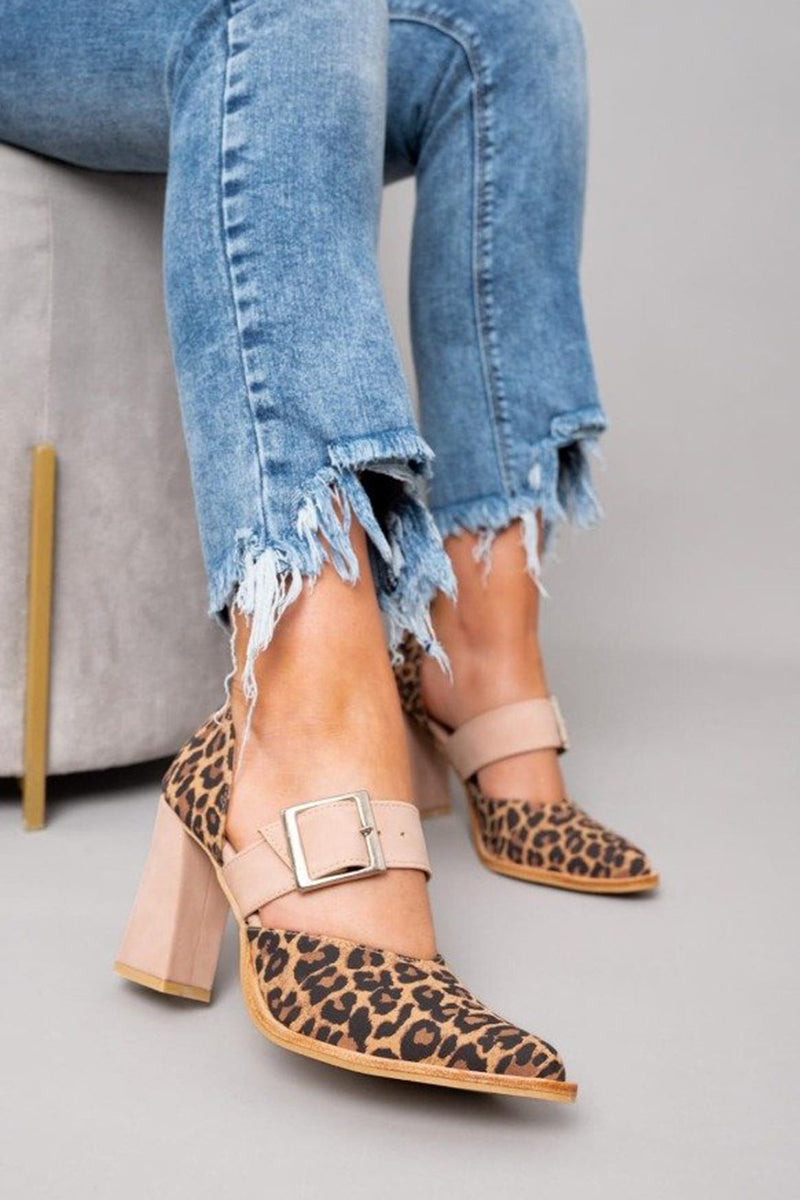 Leopard Print Buckle Strap Block Heel Slingback Pumps