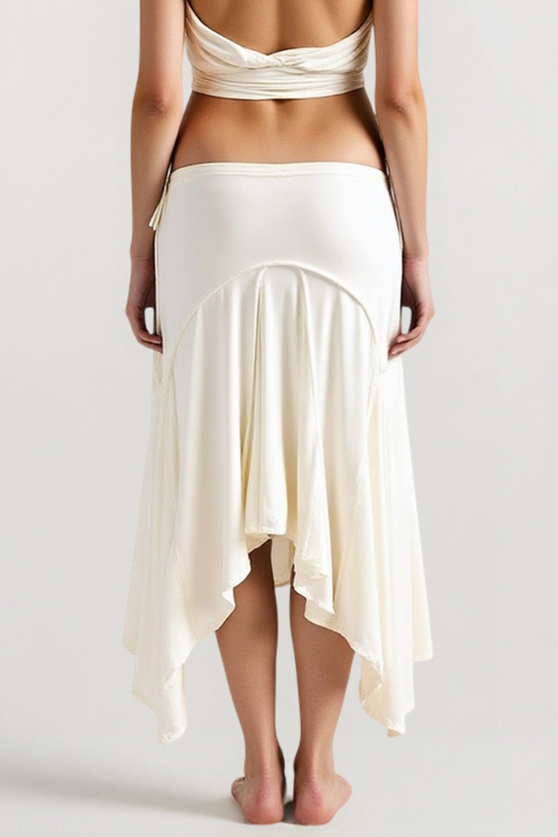 Side Tie Wrap Waist Godet Panel Asymmetric Hem Midi Skirt 4