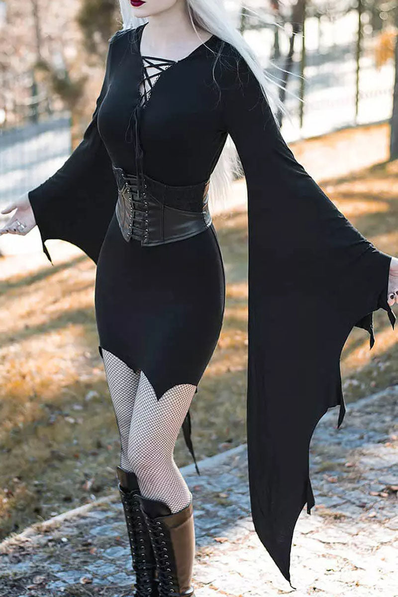 Halloween Color Block Lace Up Batwing Sleeve Bodycon Dress