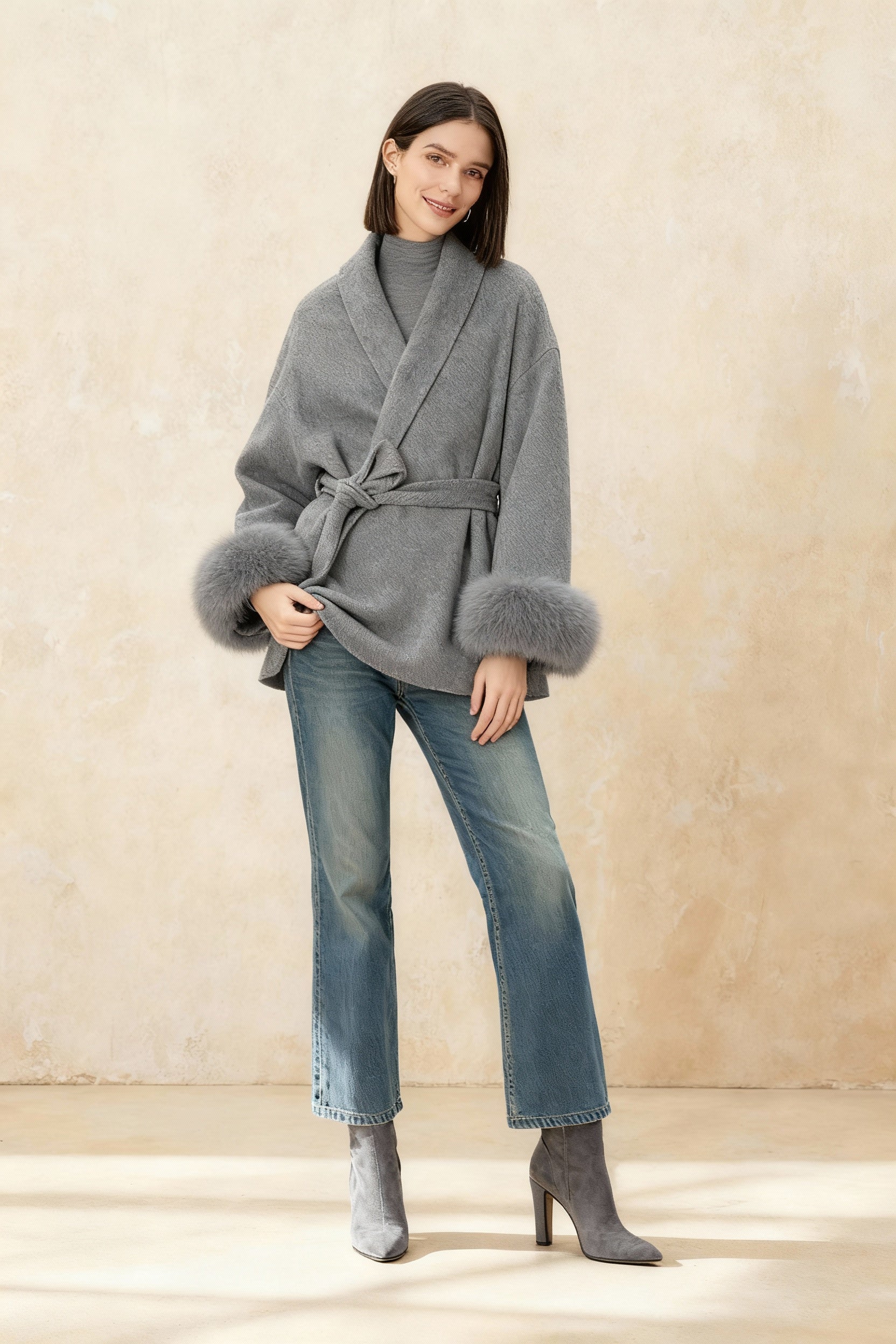 Cashmere Coat With Fur Cuffs Fox Fur Overcoat