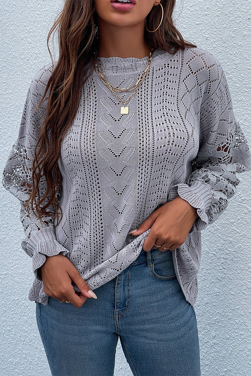 Hollow Out Crochet Lace Petal Sleeve Sweater