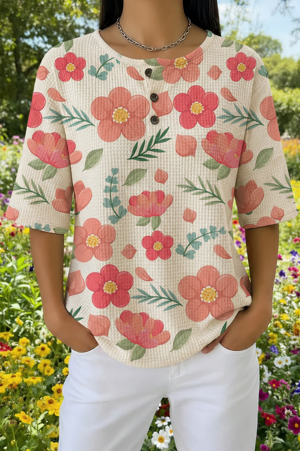 Womens Cream Red Floral Print Casual Henley Shirt