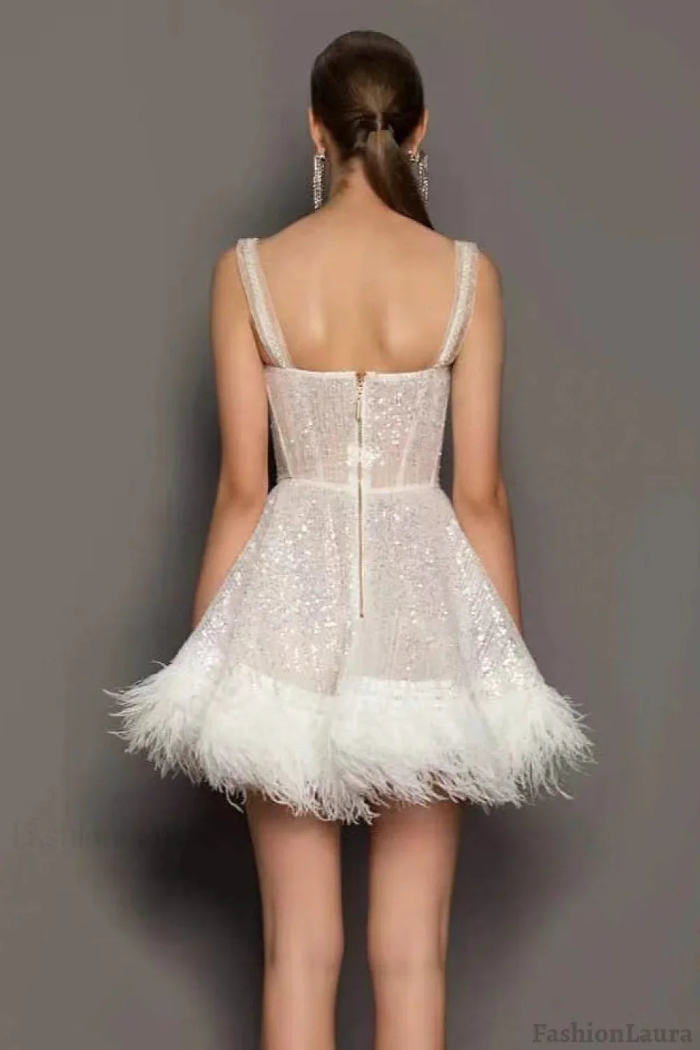 Feather Sequin Strapless Party Dress