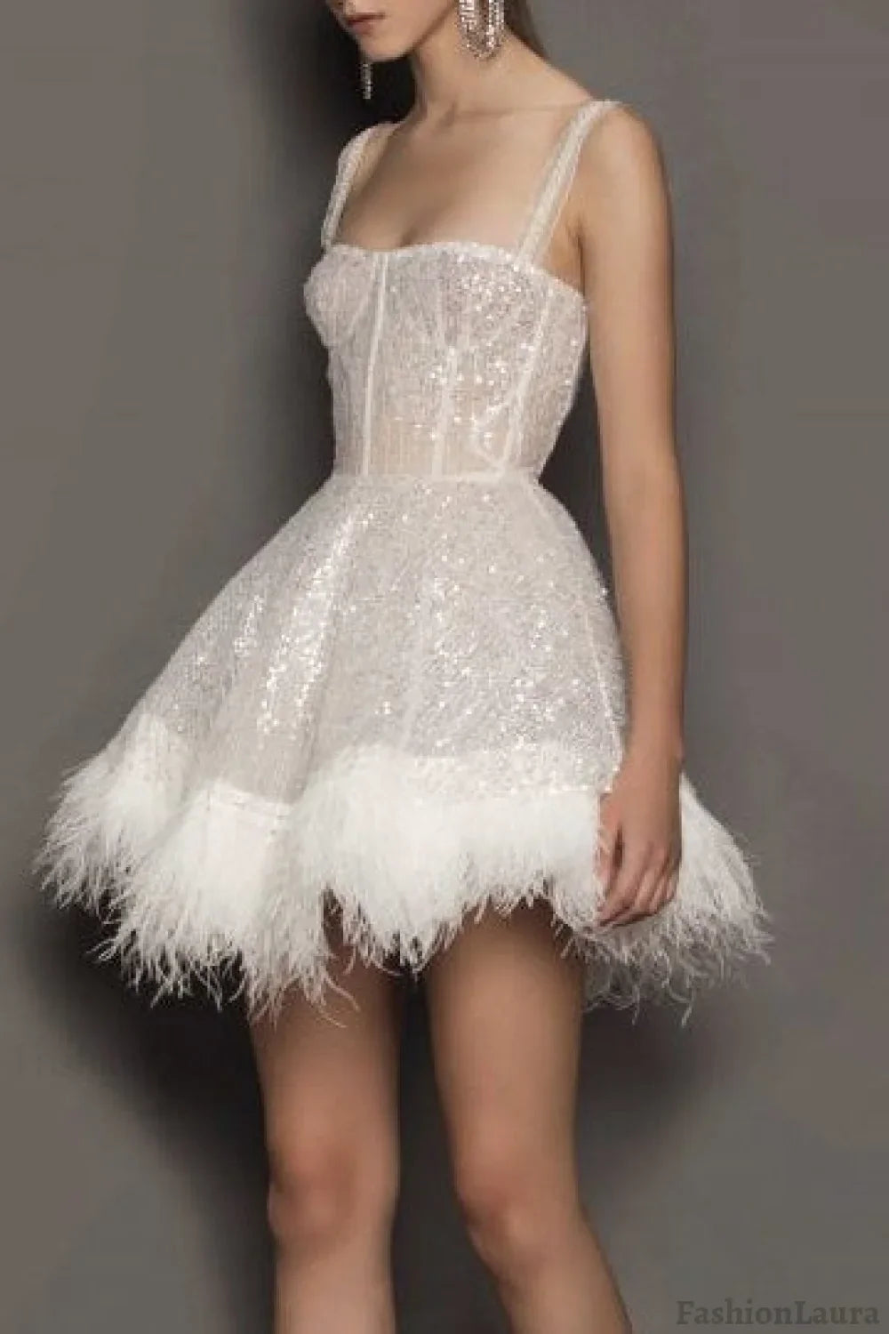 Feather Sequin Strapless Party Dress S / White