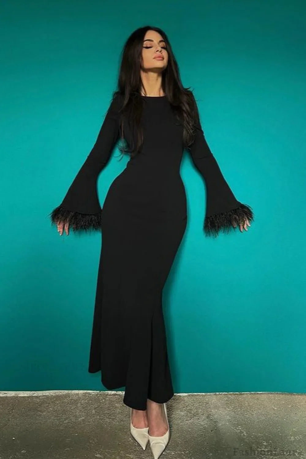 Feather Trim Bodycon Maxi Sweater Dress