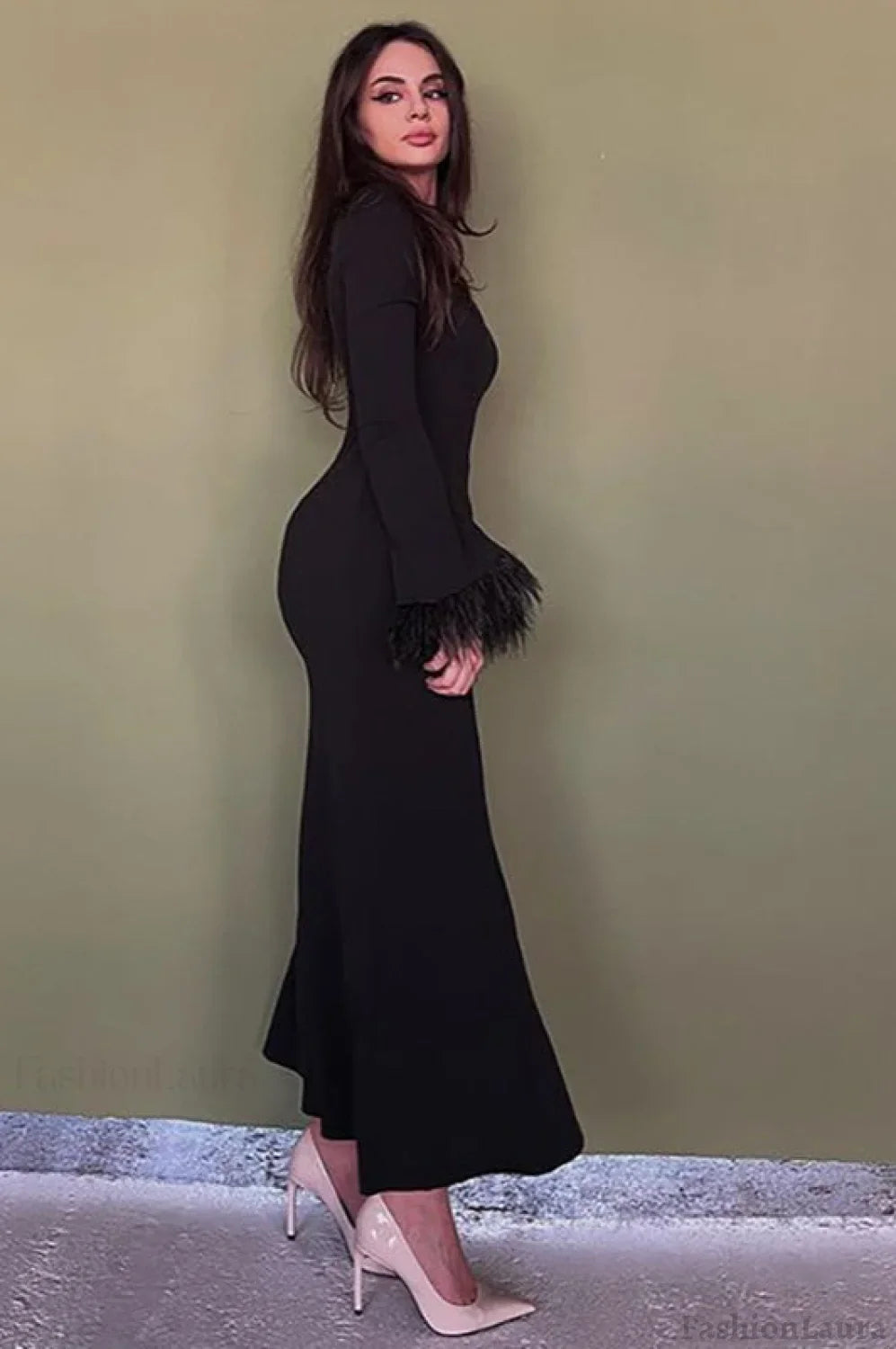 Feather Trim Bodycon Maxi Sweater Dress