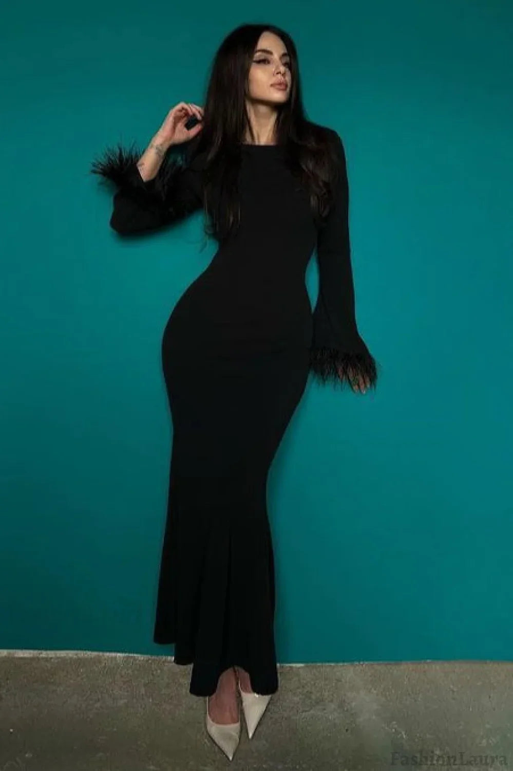 Feather Trim Bodycon Maxi Sweater Dress