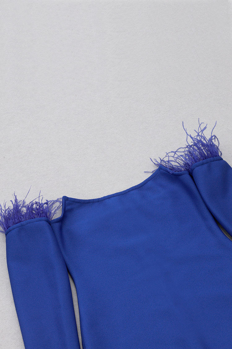 Feather Trim Off Shoulder Bandage Cocktail Midi Dress - Royal Blue 4