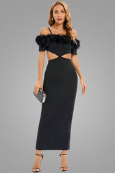 Feather Trim Off Shoulder Cutout Evening Maxi Dress - Black