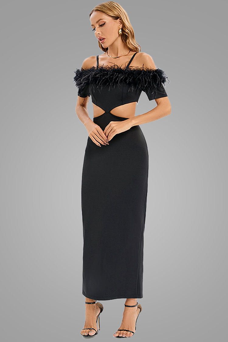 Feather Trim Off Shoulder Cutout Evening Maxi Dress - Black 3