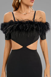 Feather Trim Off Shoulder Cutout Evening Maxi Dress - Black 4