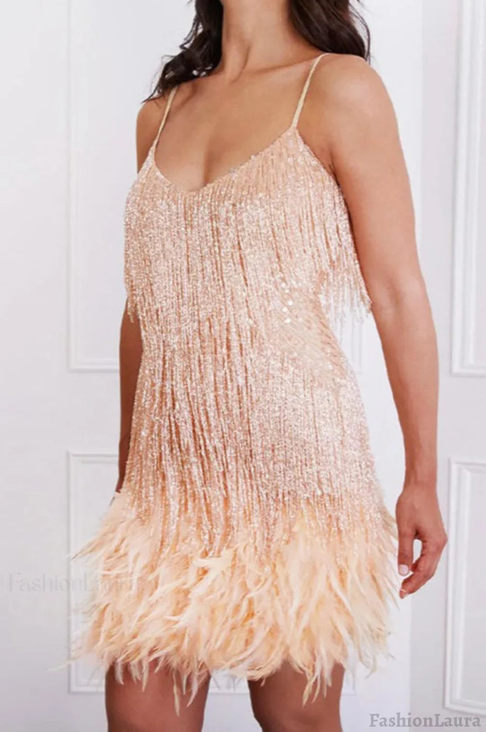 Feather Trim Sequin Cami Party Dress S / Champagne