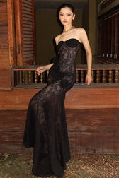 Sheer Lace Strapless Floral Applique Train Lace Dress