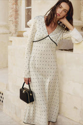 Satin Polka Dot V Neck A Line Midi Dress
