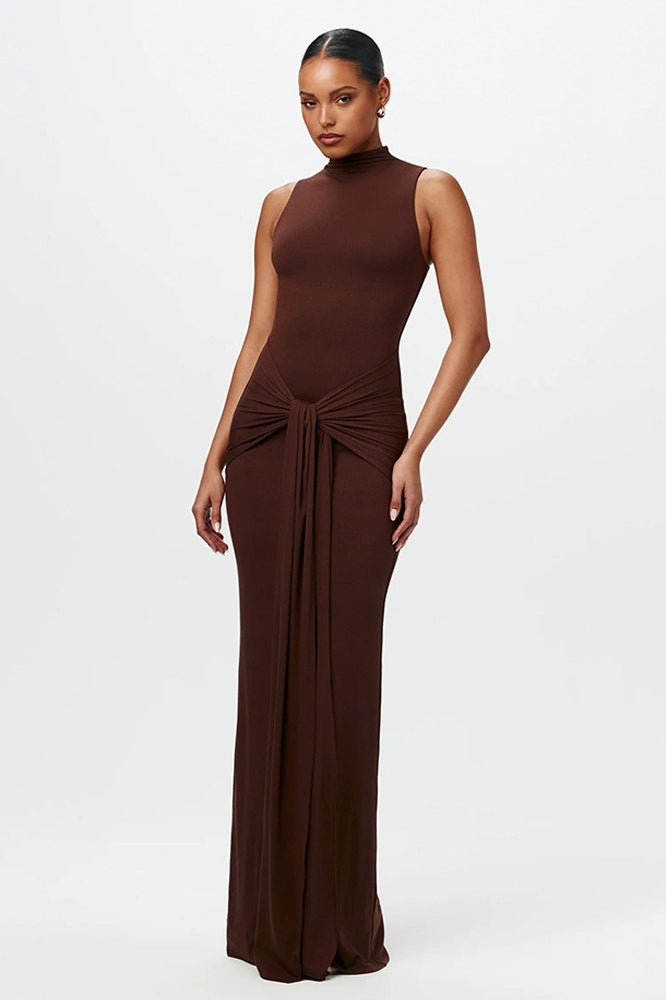 Chic Solid Crew Neck Sleeveless Tie Bodycon Dress
