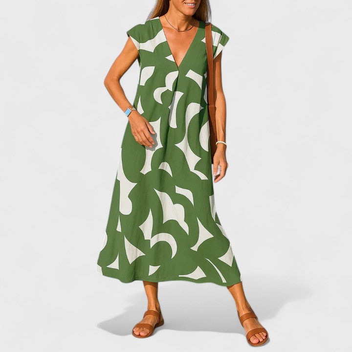 Geometric Print V-Neck Cap Sleeve A-Line Maxi Dress