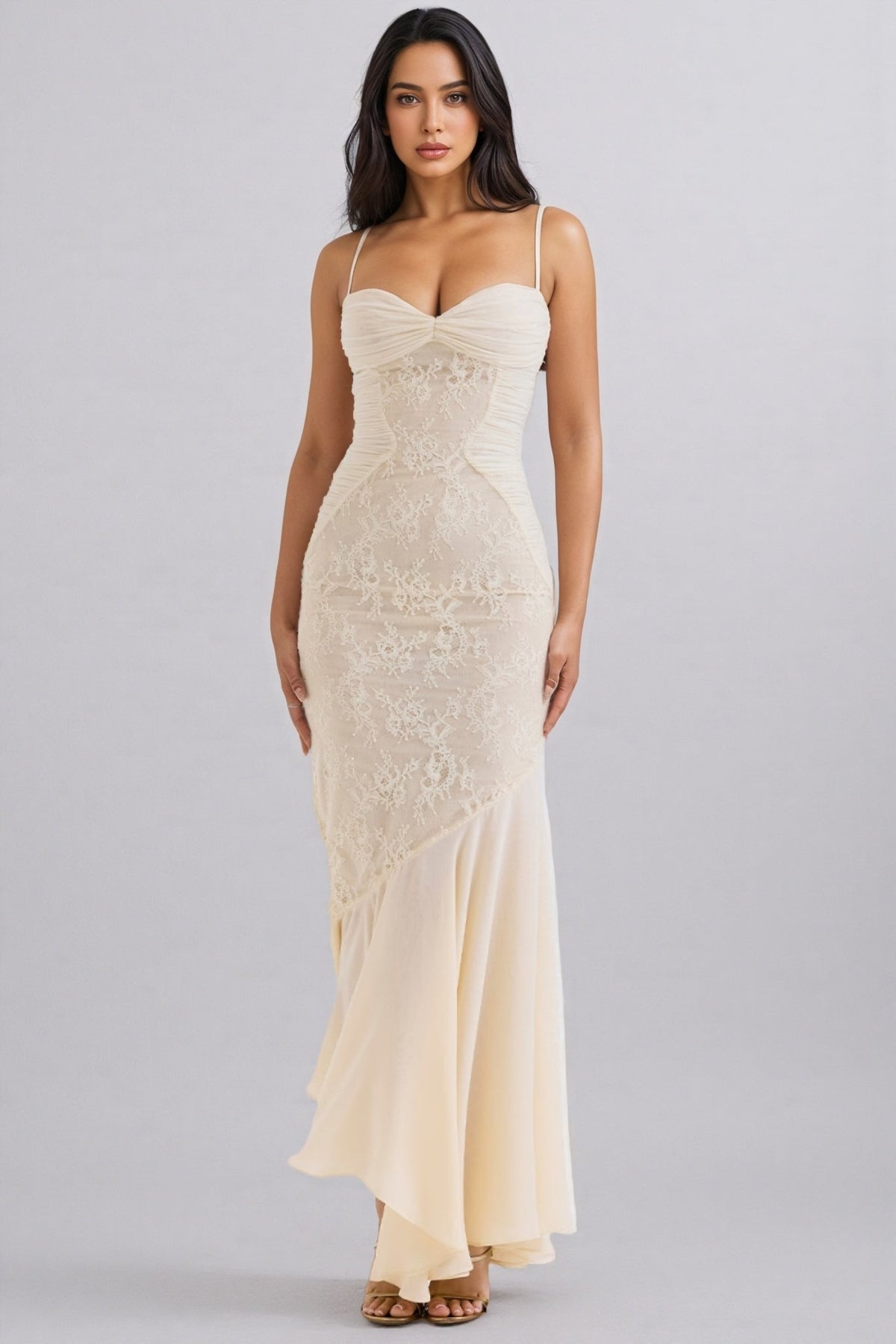 Lace Panel Ruched Bust Spaghetti Strap Asymmetric Hem Maxi Dress