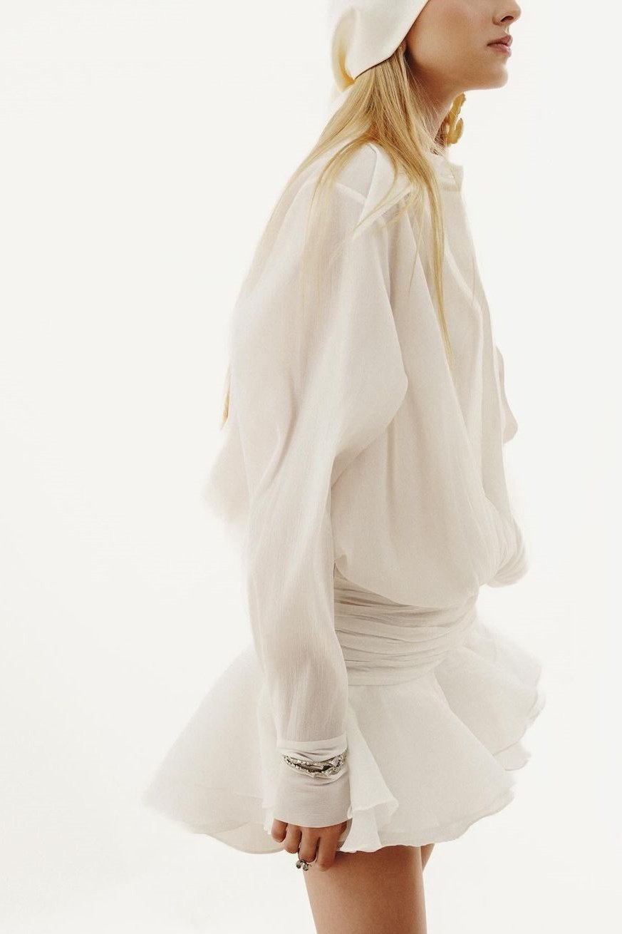 Sheer Chiffon Collared Long Sleeve Drop Waist Ruffle Mini Shirt Dress 5