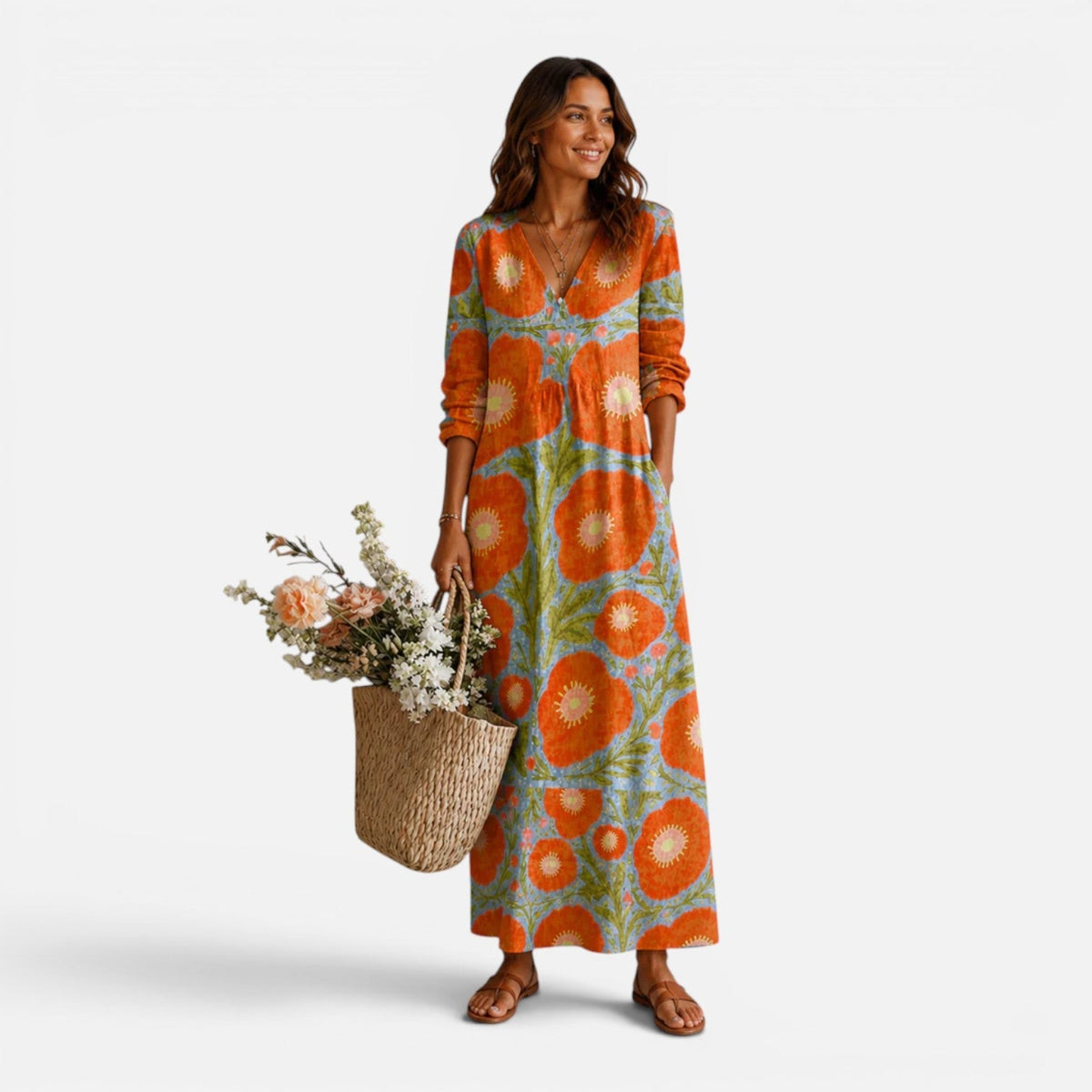 Floral V-Neck Long Sleeve Relaxed Boho Maxi Dress