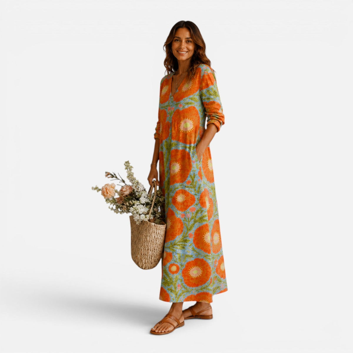 Floral V-Neck Long Sleeve Relaxed Boho Maxi Dress