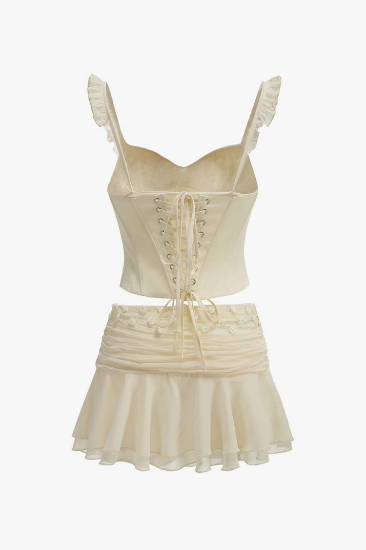 Feminine Ruffle Lace Up Corset Rosette Draped Skirt Two Piece Mini Dress