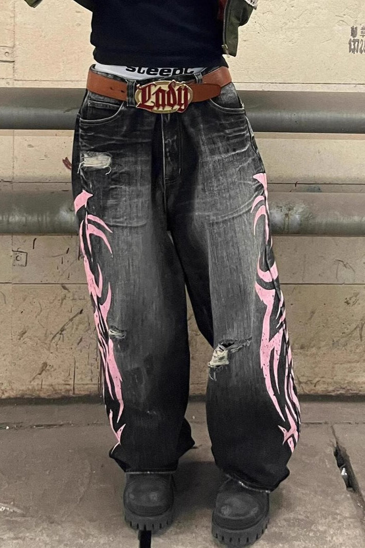 Vintage Washed Distressed Wide-Leg Denim Jeans