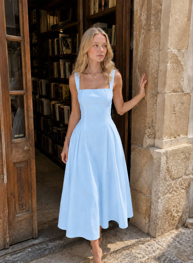Square Neck Wide Strap Sleeveless Pleated Fit and Flare Midi Dress 5