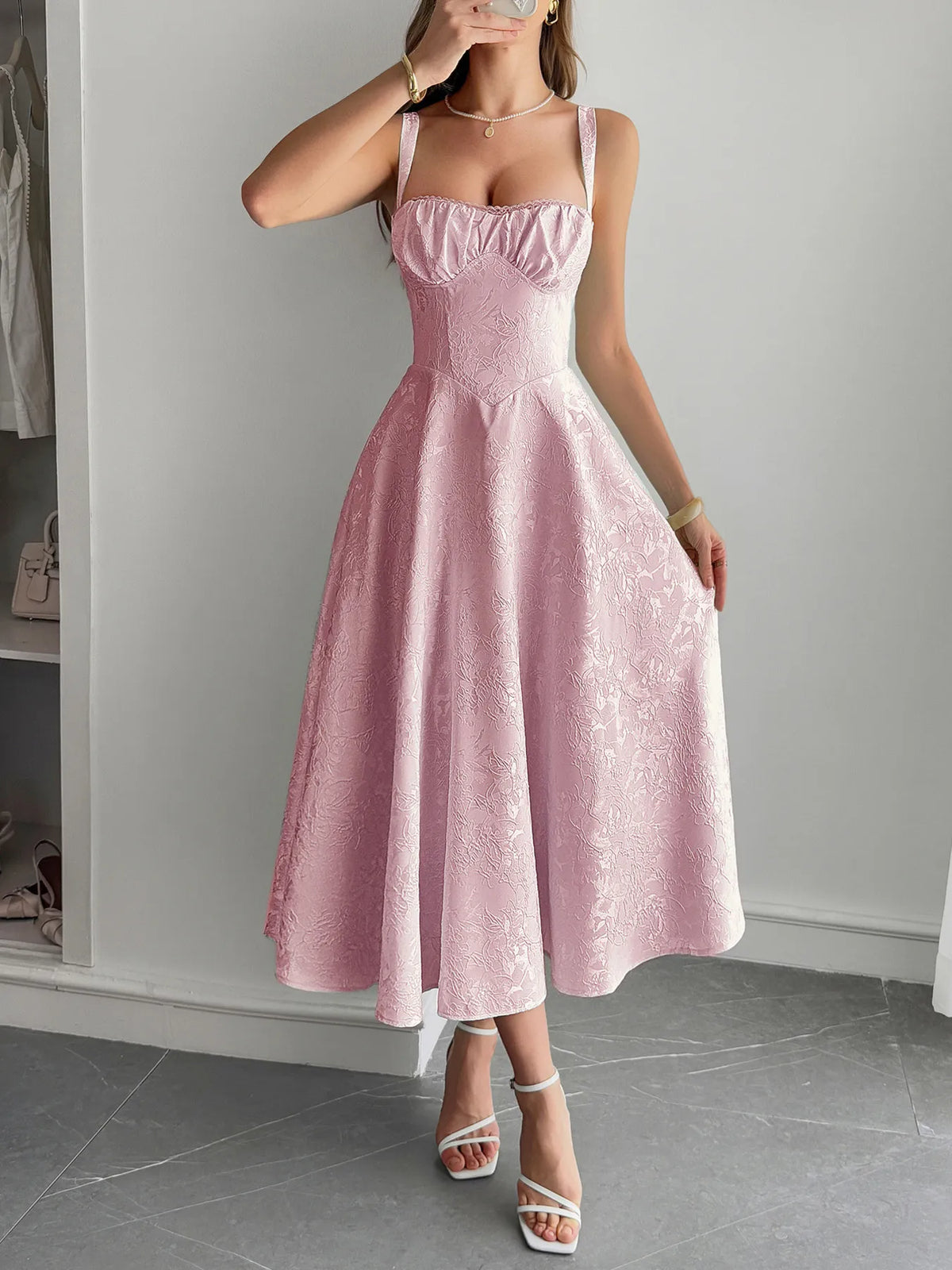 Floral Jacquard Sweetheart Corset Bodice A-Line Midi Dress 7