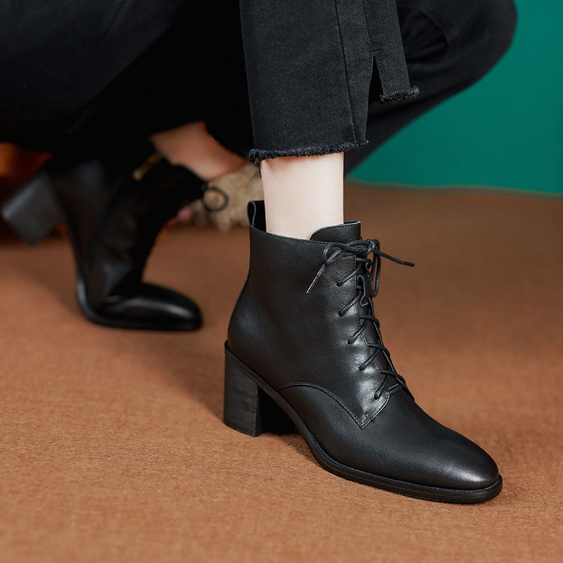 High Heel Boots Side Zip Cowhide Leather Ankle Boots Soft Walking Short Boots Brown/Black