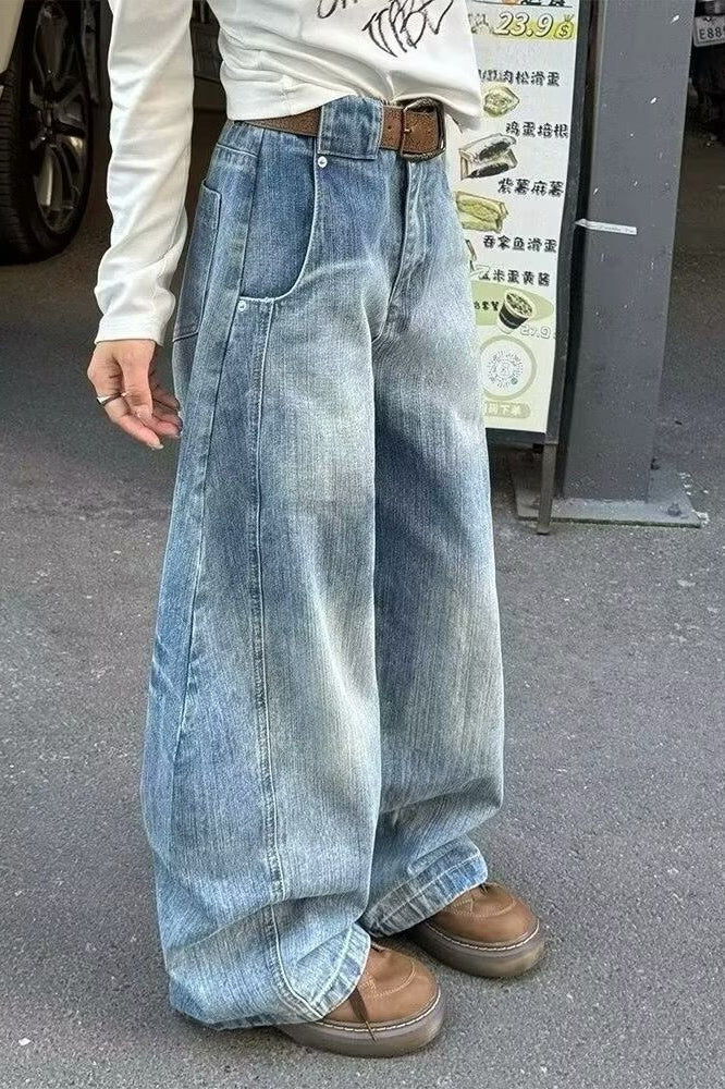 Curved Cut Wide Leg Distressed Jean