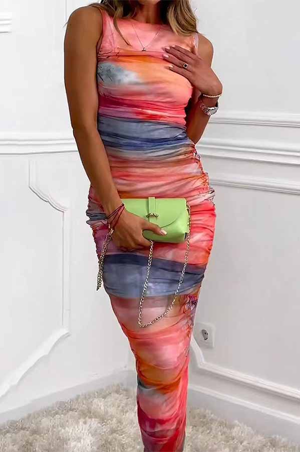 Locking Eyes Mesh Tie-dye Print Ruched Midi Dress - View 2