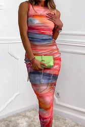 Locking Eyes Mesh Tie-dye Print Ruched Midi Dress - View 2