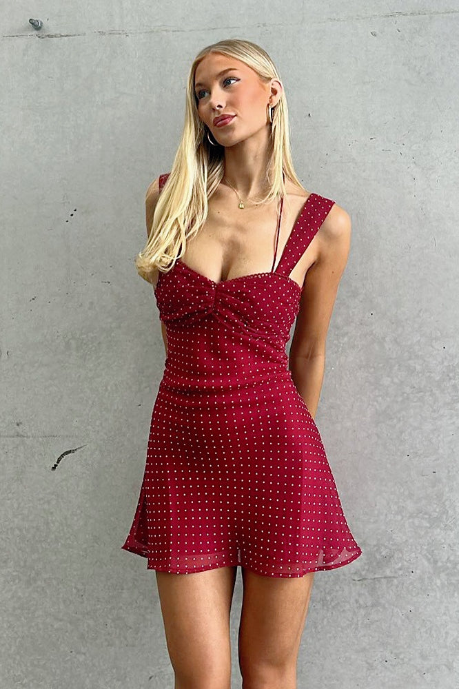 Polka Dot Chiffon Sweetheart Neck Wide Strap A-Line Mini Dress