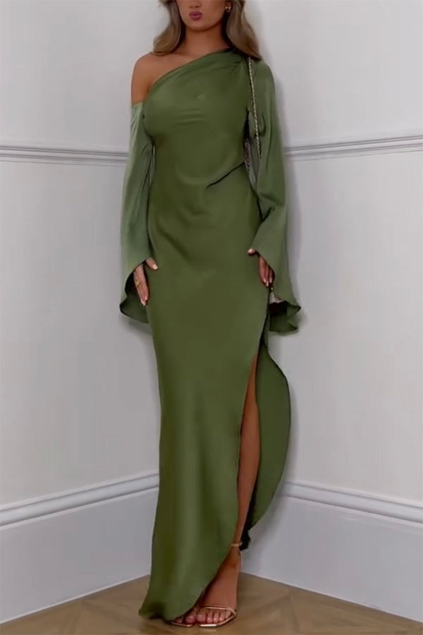 Satin One Shoulder Cape Sleeve High Split Asymmetrical Maxi Dress 3