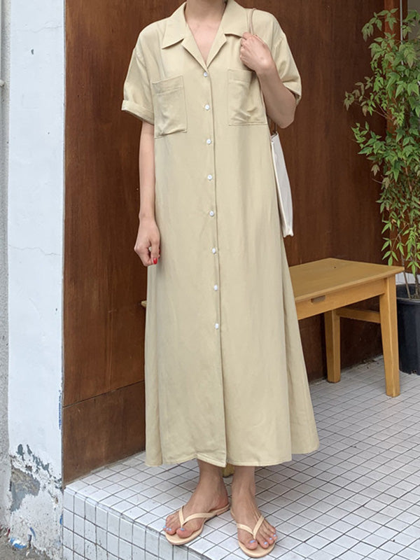 Notched Collar Button Front Patch Pocket Rolled Short Sleeve Maxi Shirt Dress