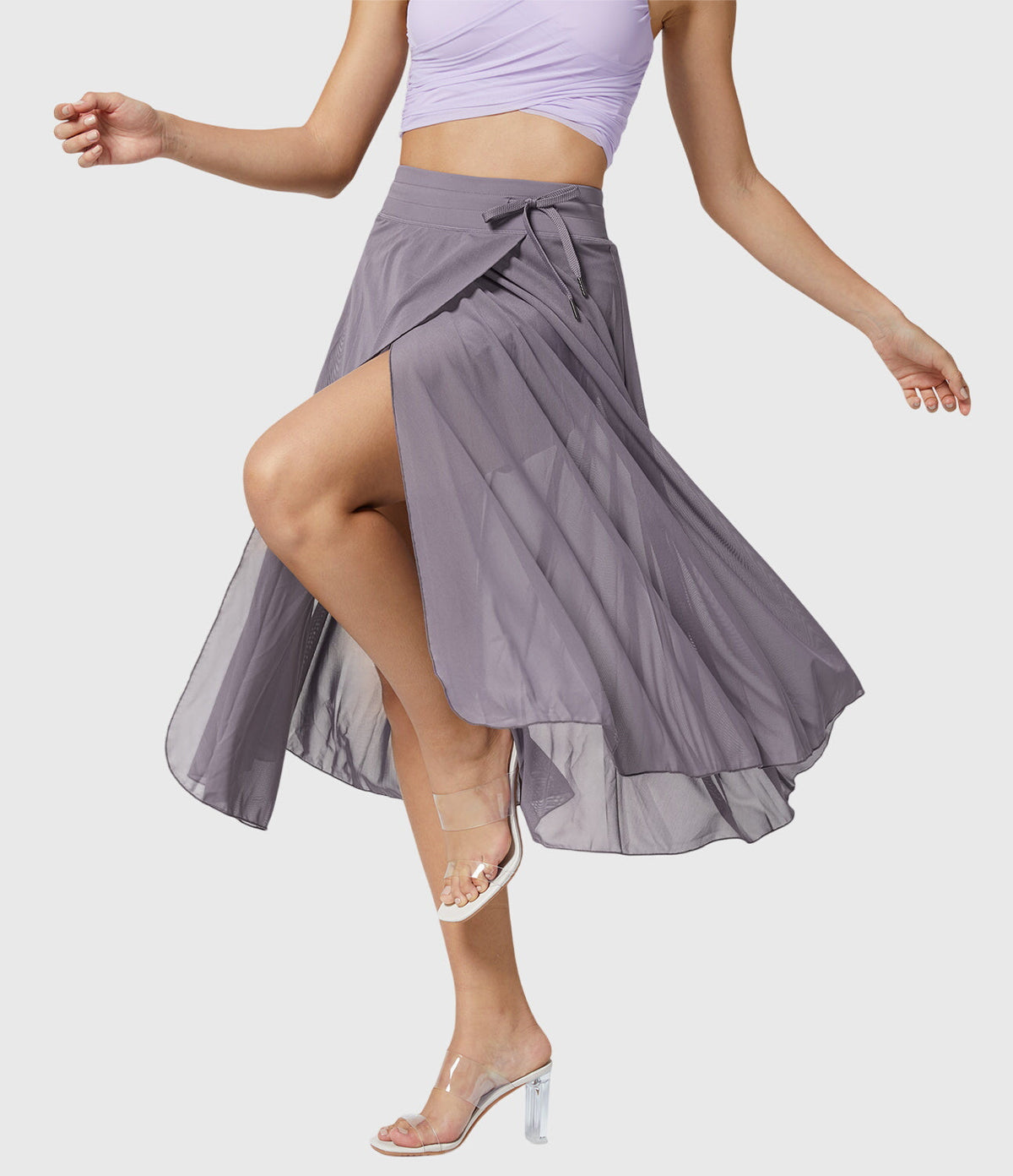 High Waist Drawstring Front Slit A-Line Midi Skirt