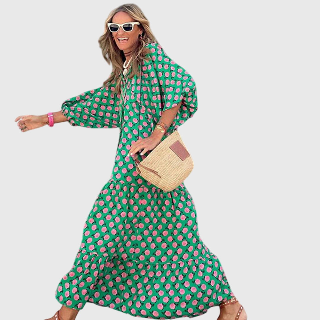 Floral Print Long Sleeve Tiered Boho Maxi Dress