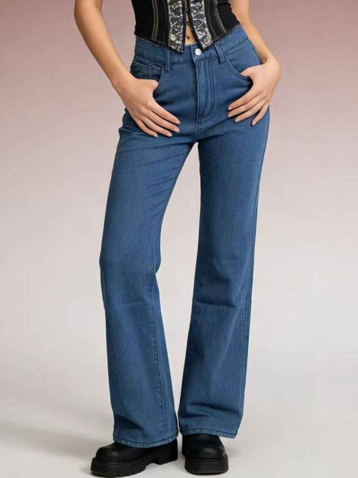 High Waist Five Pocket Full Length Wide Leg Jeans 3