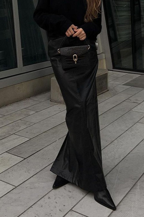 High Slit PU Leather Bodycon Skirt