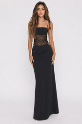 Off-Shoulder Lace Cami Slit Sheer Maxi Lace Dress
