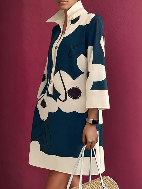 Floral Collared Long Sleeve Button Front Shirt Dress