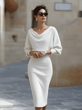 Knit Cowl Neck Batwing Long Sleeve Bodycon Midi Dress 14