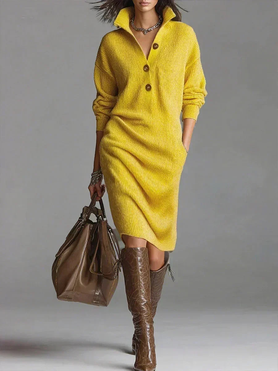 Collared Button Long Sleeve Knit Sweater Midi Dress