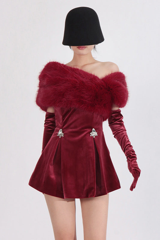 Velvet Off Shoulder Faux Fur Collar Rhinestone Pleated Mini Dress