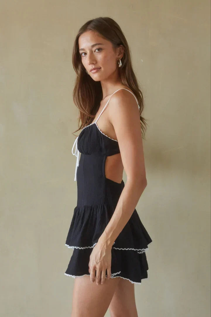 Ruched Bust Tie Front Lace Trim Cami Strap Mini Dress 23