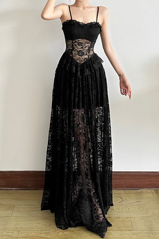 Sleeveless Ruffled Waist Maxi Lace Dress 3