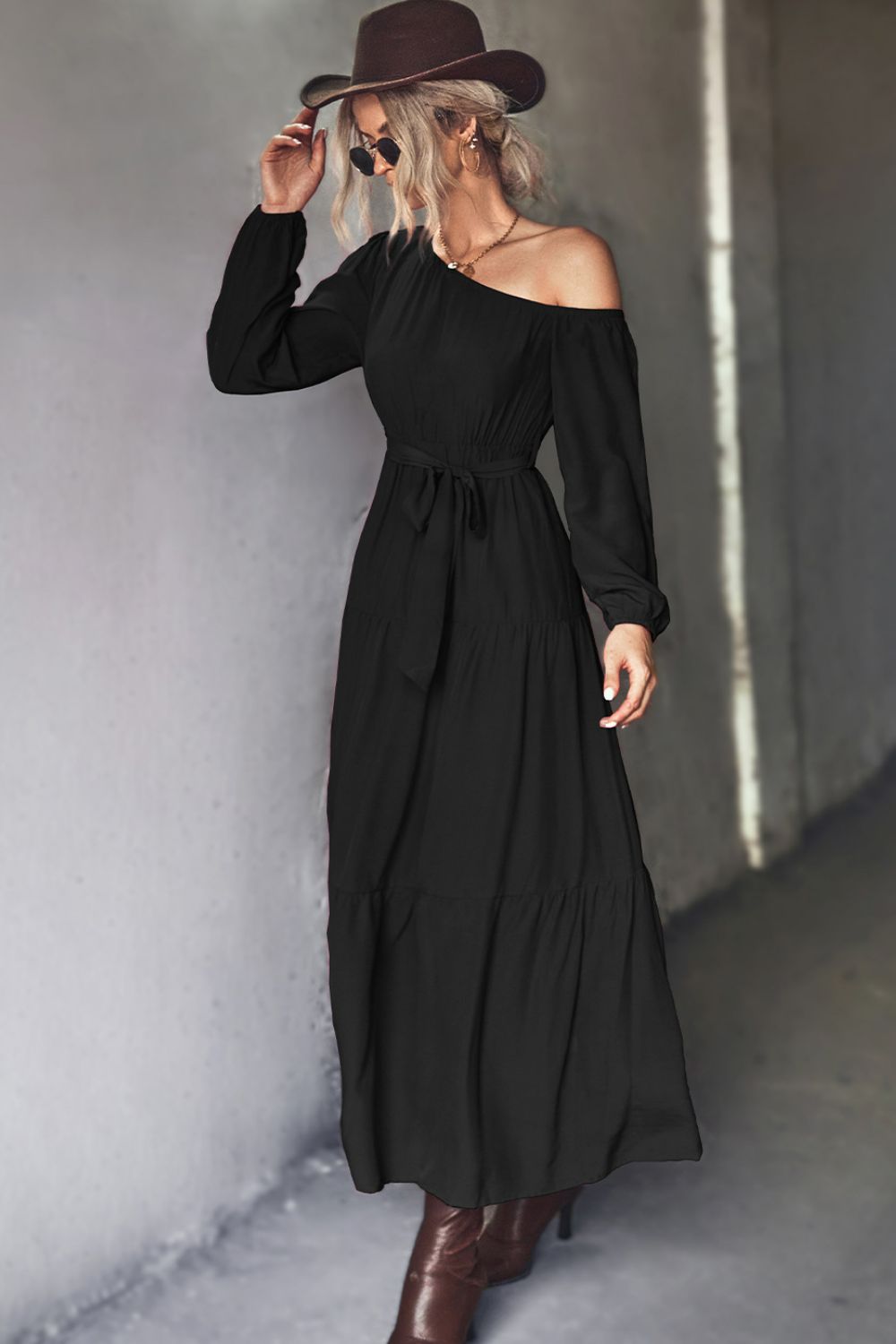 One Shoulder Long Sleeve Belted Tiered Maxi Dress 6