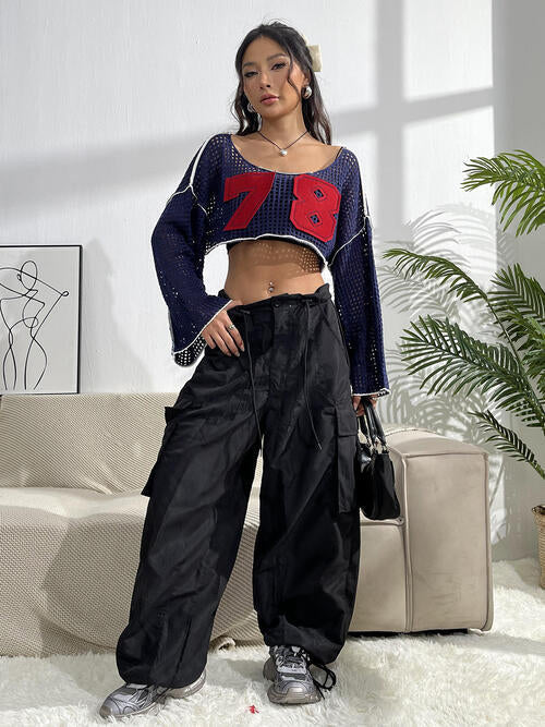 Number Patch Open Knit Flare Sleeve Contrast Trim Crop Top 7